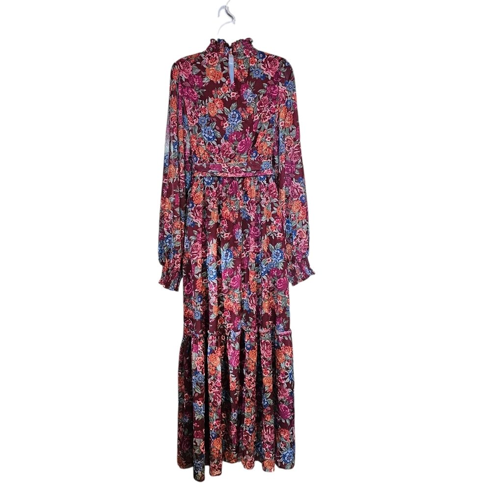 AURA Floral Maxi Dress Burgundy Boho Mock Neck Lantern Sleeve Tiered Belted L - Picture 6 of 11